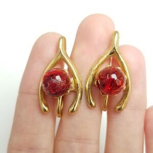 Vintage Wishbone and Red Bead Clip On Earrings, Screw Back Design, Gold Tone